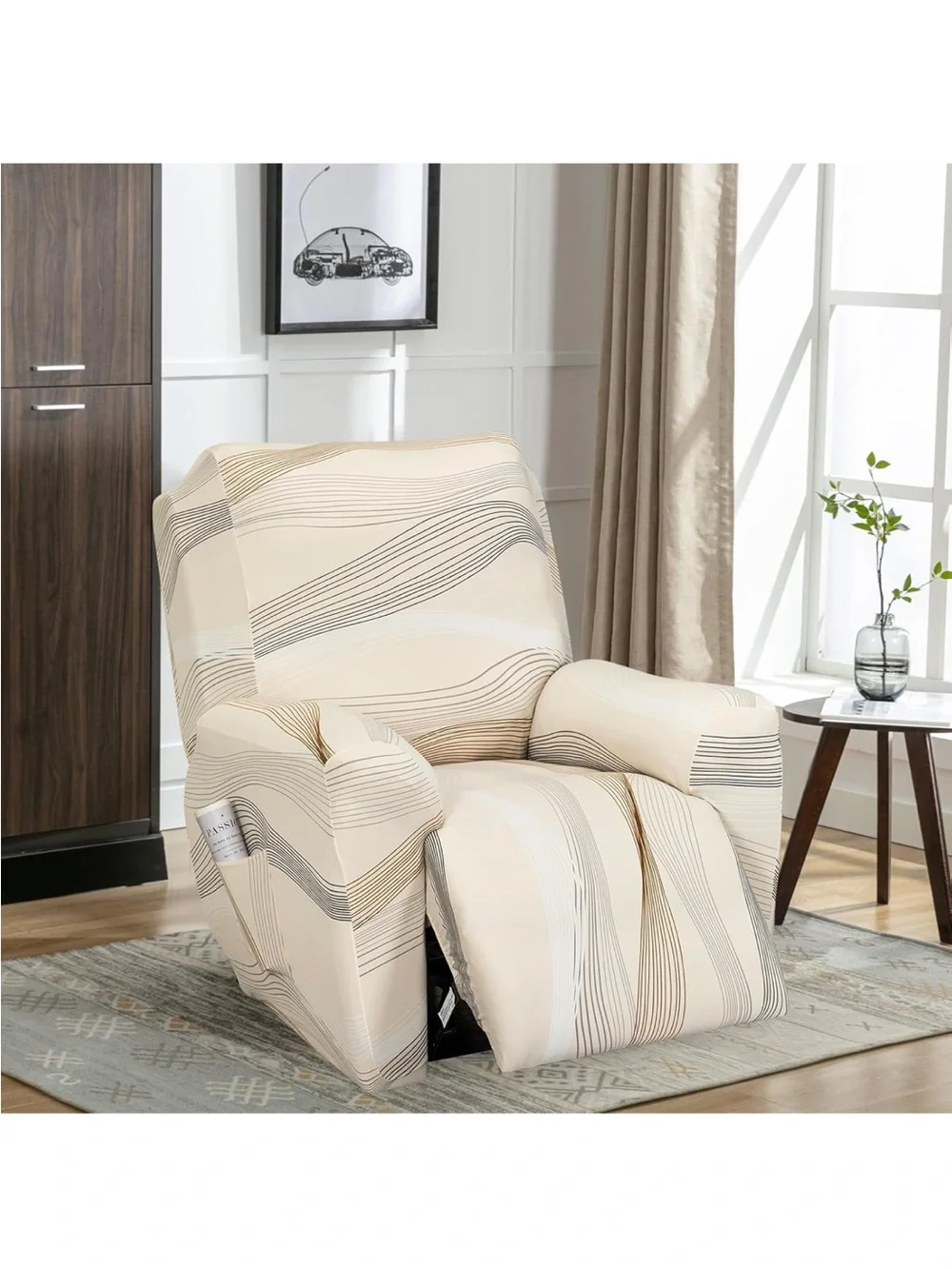 Lazy Boy Recliner Furniture Slipcover Wavy Geometric Print - Cream Brown
